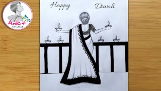 Beautiful Diwali Drawing Easy Diwali Festival Scenery Drawing Easy For Beginners [upl. by Hoenack494]